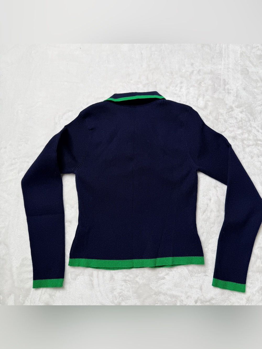 Emerson Lang Navy Knit Polo Sweater with Green Trim, academia, preppy, - Picture 5 of 10